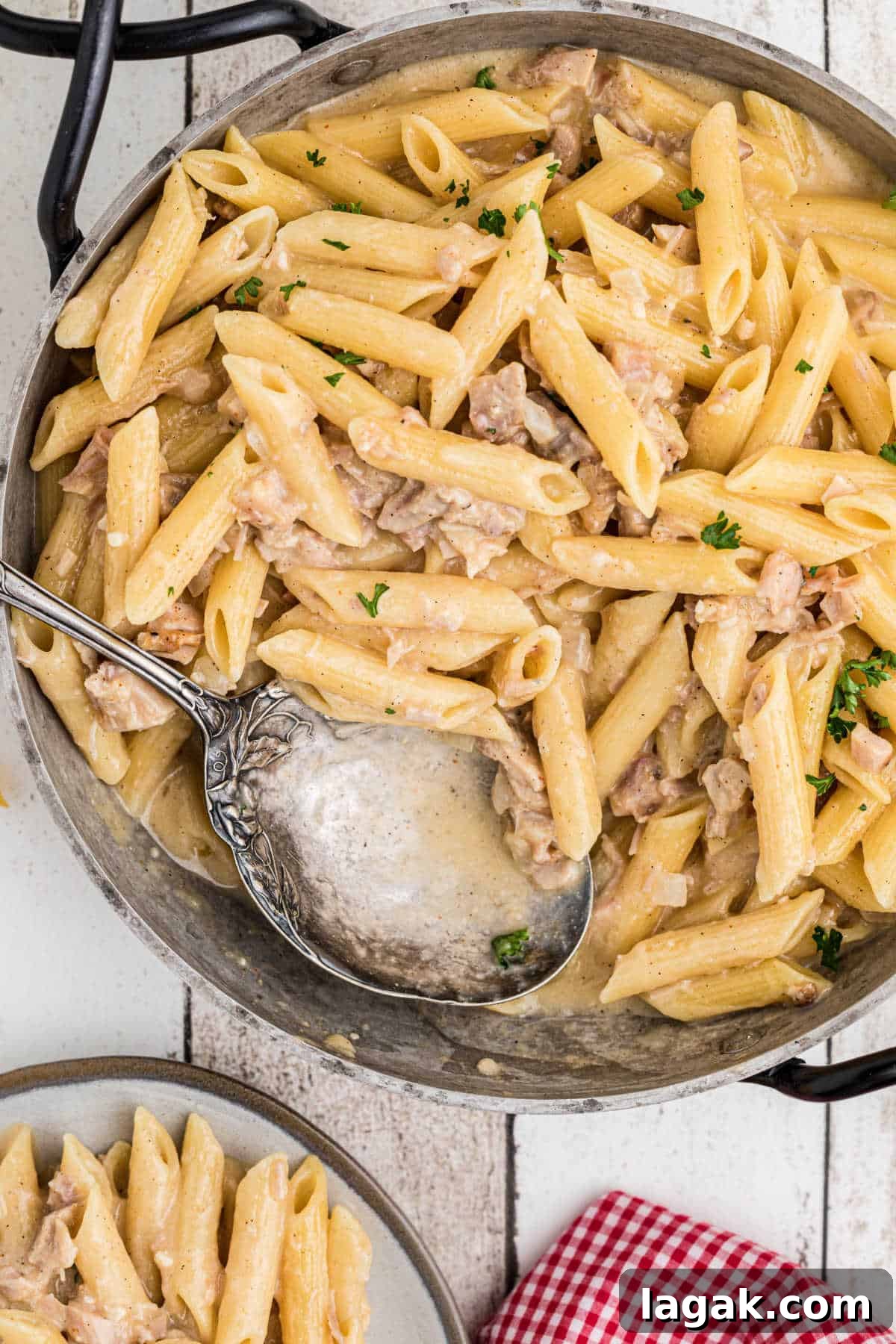 Overhead hero shot of a pot of one pot turkey pasta.