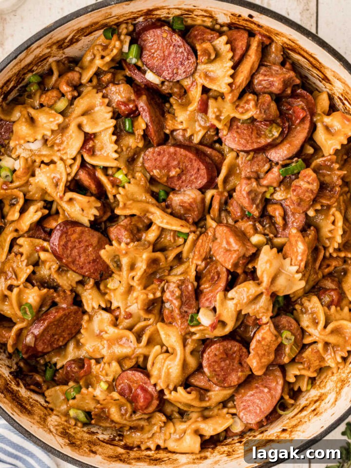 Overhead shot of a pot full of Cajun Pastalaya.