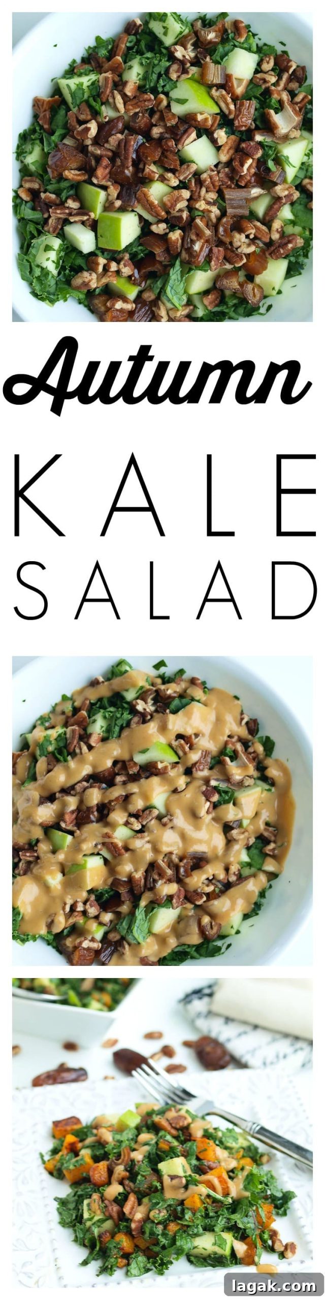 Autumn Kale Salad Recipe. This easy kale salad recipe will make your family beg them to serve them kale! The oil-free dressing is AMAZING. Gluten-free and vegan recipe.