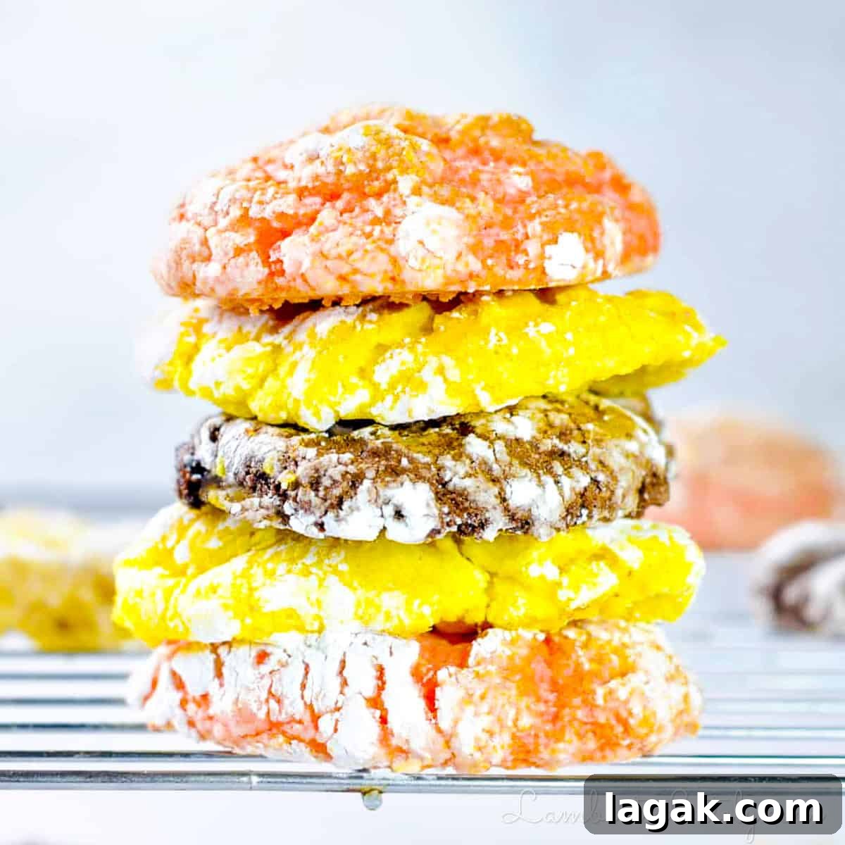 Cake Mix Cookies with Cool Whip: Soft, Fluffy No-Fuss Recipe 2 stacked cool whip cake mix cookies (lemon, chocolate, and strawberry) on a baking rack.