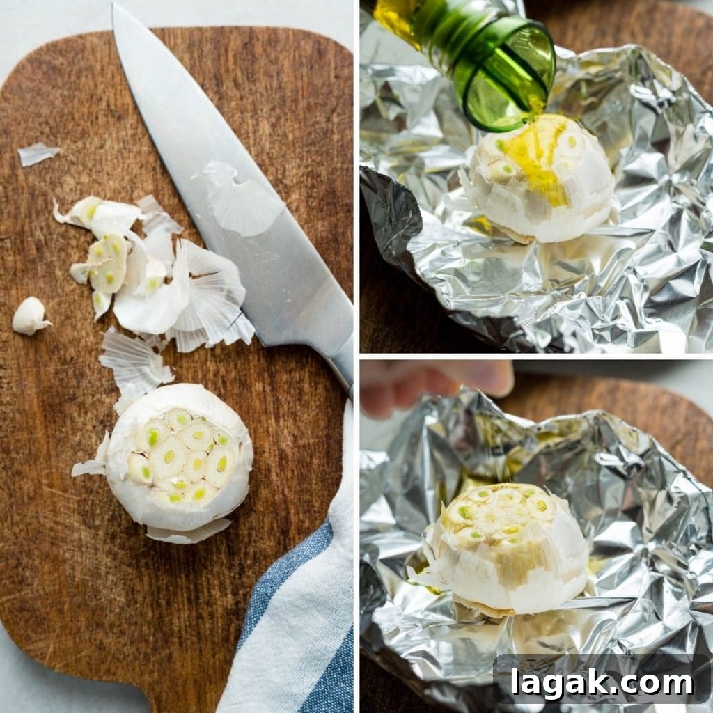 Creamy Garlic Dressing Recipe for Salads and Marinades 2 Trimming garlic and coating in oil.