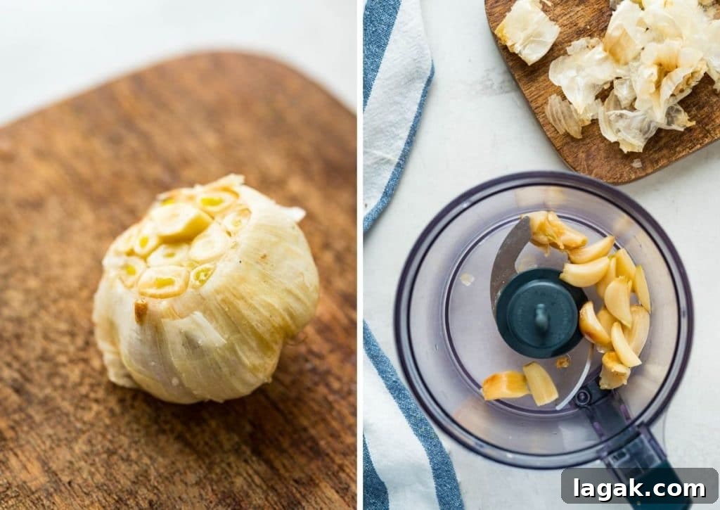 Creamy Garlic Dressing Recipe for Salads and Marinades 3 Peeling the roasted garlic.
