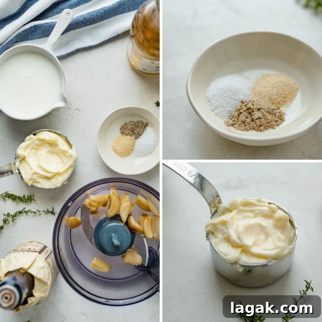 Creamy Garlic Dressing Recipe for Salads and Marinades 4 Processing ingredients in a food processor.