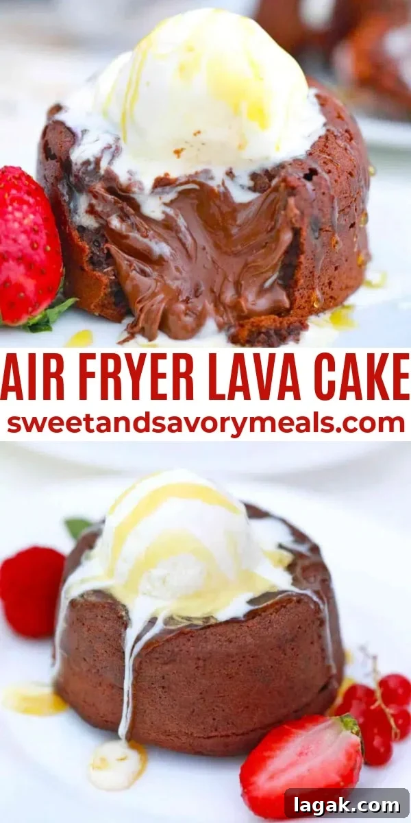 Air Fryer Lava Cake has the amazing flavor and texture of a soft cake with a rich, chocolaty, moist filling. easy air fryer lava cake pin
