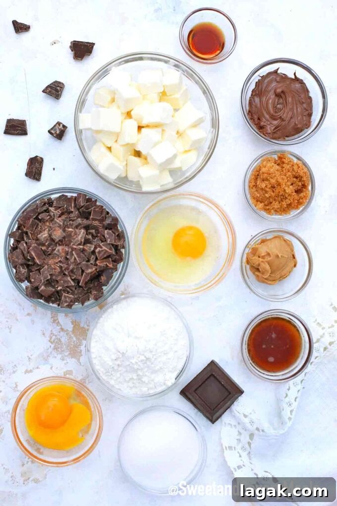 Air Fryer Molten Chocolate Cakes: 4 Delicious Variations 3 ingredients in mixing bowls onto a white table