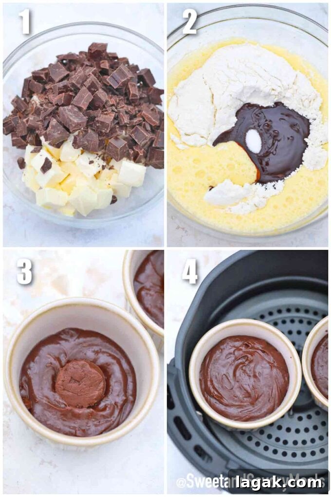 Air Fryer Molten Chocolate Cakes: 4 Delicious Variations 4 photo collage of steps how to make air fryer lava cake