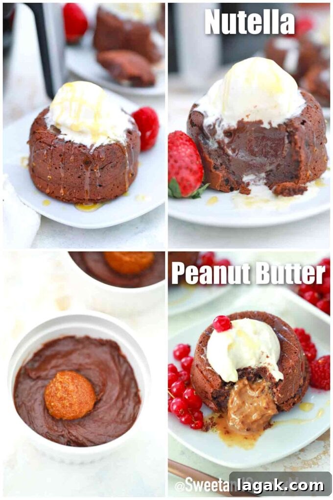 Air Fryer Molten Chocolate Cakes: 4 Delicious Variations 5 photo collage of air fryer lava cake with peanut butter and Nutella