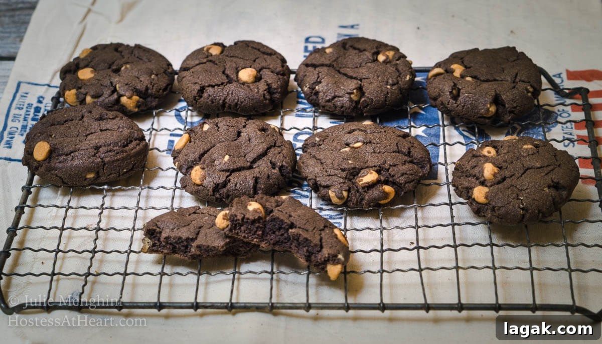 No-Chill Dark Chocolate Peanut Butter Cookie Recipe 3 Chocolate cookies dotted with peanut butter chips sit on a cooling rack over a flour sack.