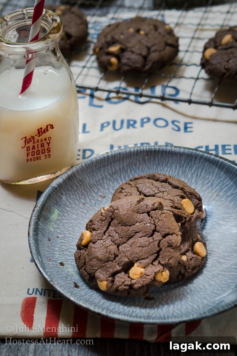 No-Chill Dark Chocolate Peanut Butter Cookie Recipe 5 Two Chocolate cookies dotted with peanut butter chips sit in a blue plate over a flour sack. A jar of milk and a cooling rack full of cookies sit in the background.