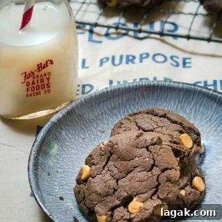 Three Chocolate Peanut Butter Chip cookies sitting on a blue enamelware plate. A jar of milk sits next to the plate and a cooling rack filled with cookies sits in the background.