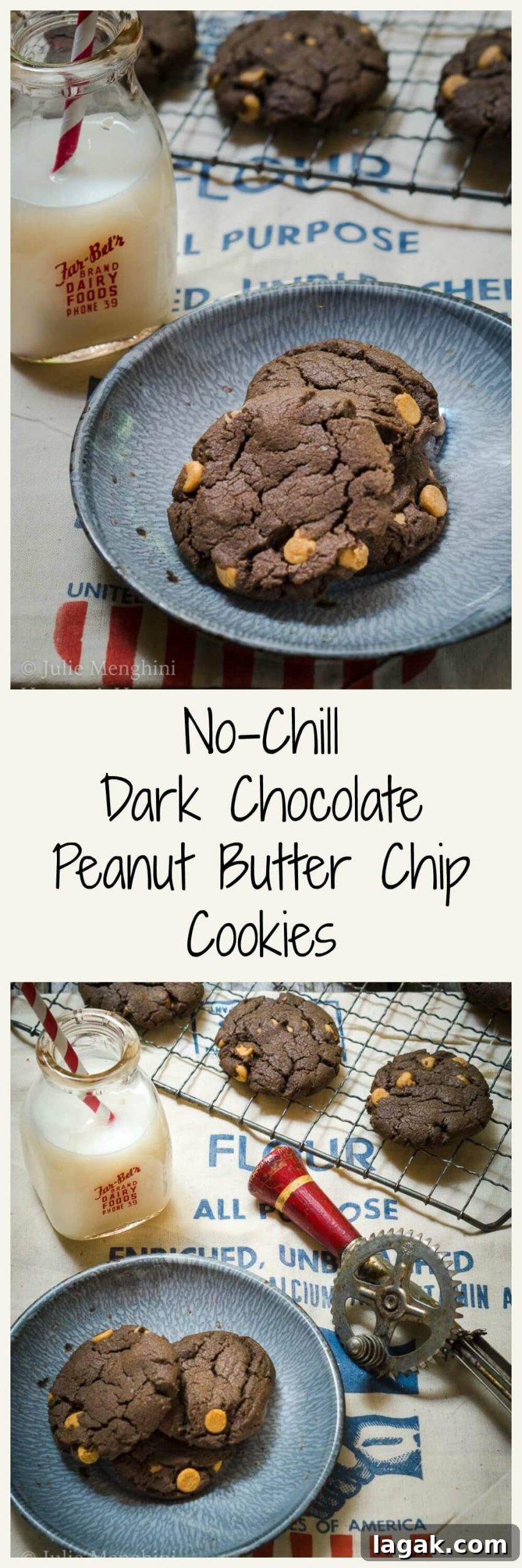 No-Chill Dark Chocolate Peanut Butter Cookie Recipe 8 Two photo collage for Pinterest of Chocolate cookies dotted with peanut butter chips over a flour sack. The title "No-Chill Dark Chocolate Peanut Butter Chip Cookies" runs through the center.