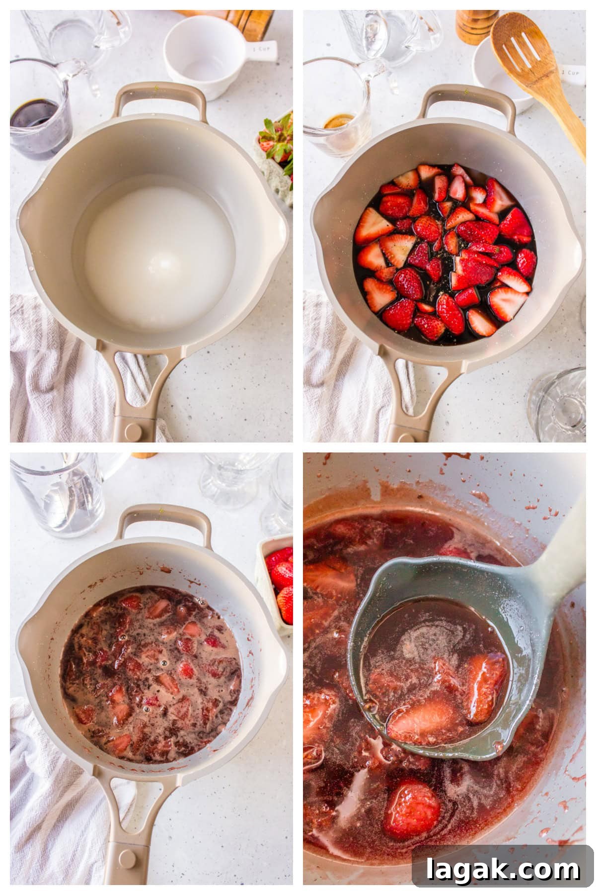 four photos showing how to make balsamic strawberry sauce