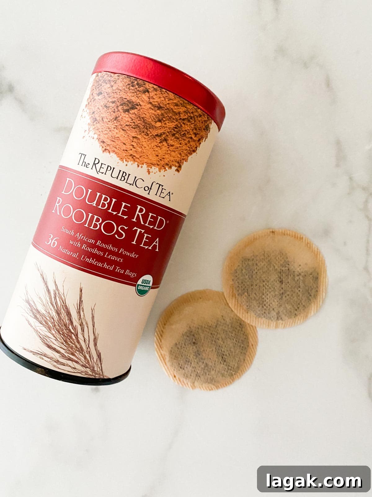 Rooibos tea and tea bags on a table.