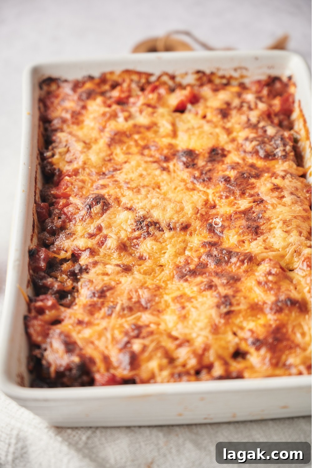John Wayne casserole in a white casserole dish.
