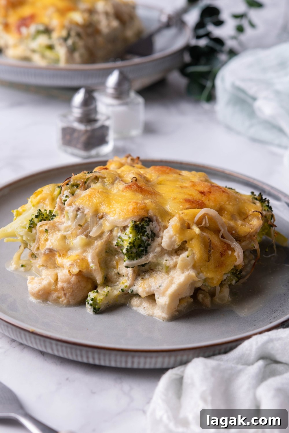 A big piece of vegetable casserole on top of a plate.