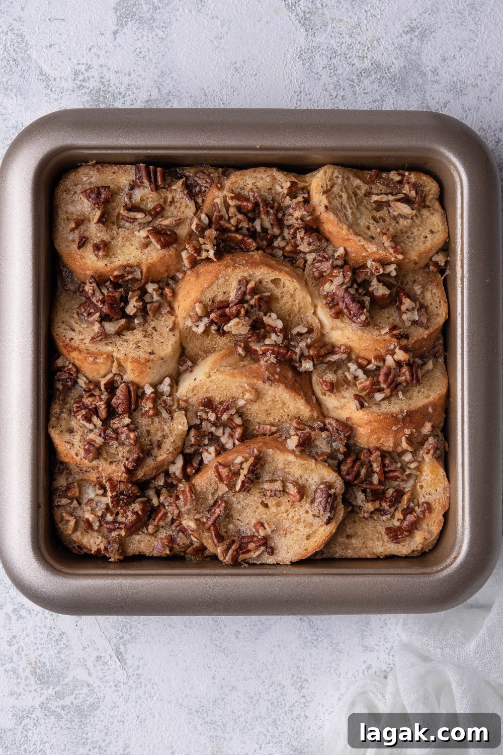 A pan with baked french toast casserole.