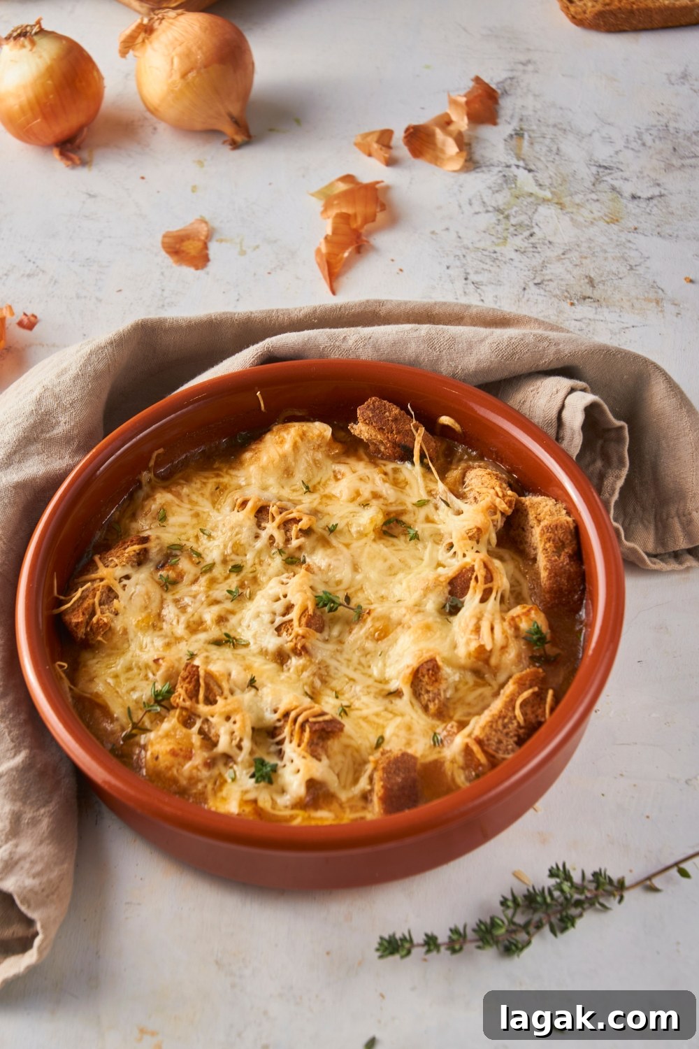 French onion chicken casserole and a red bowl.