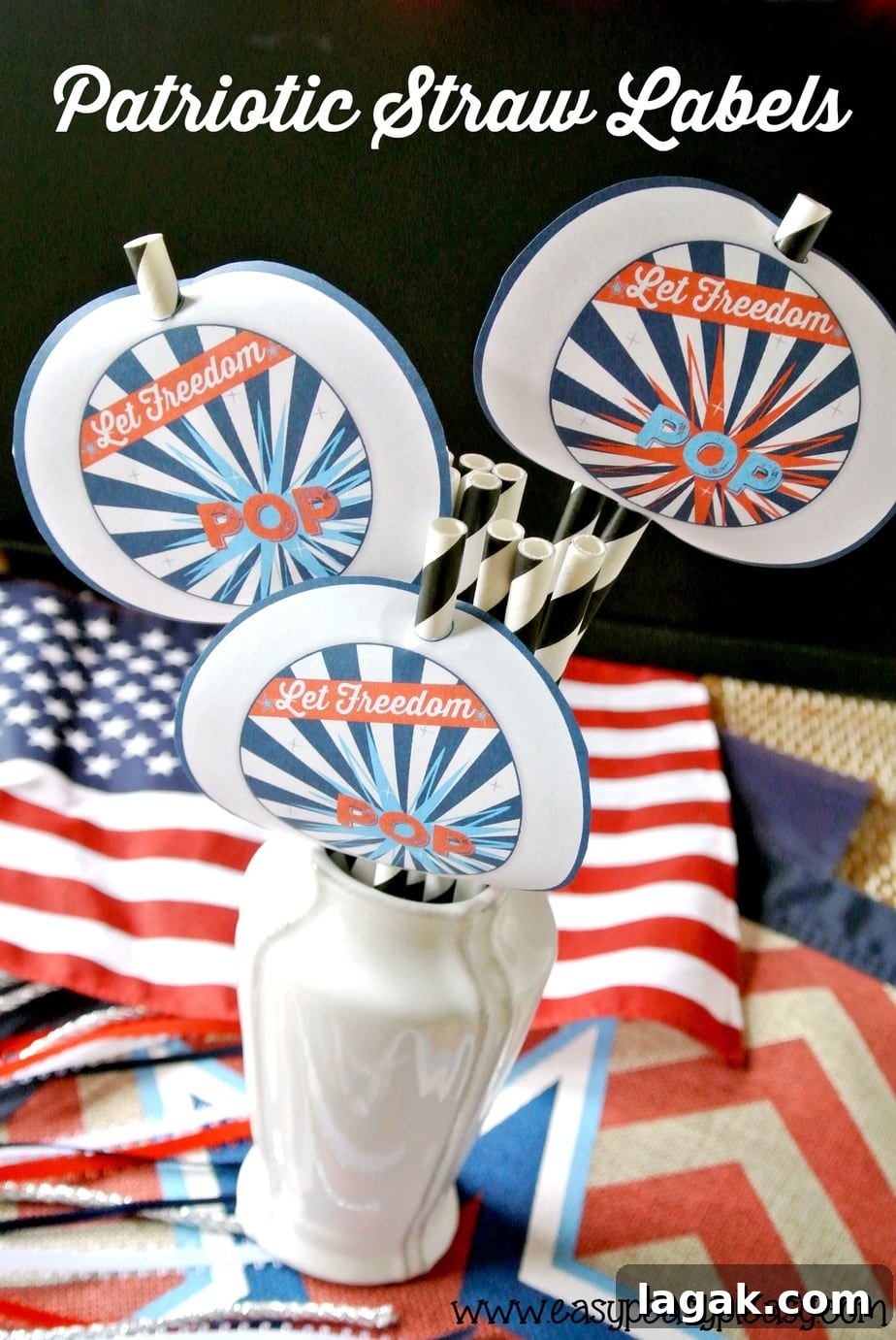 Free Printable Patriotic Party Pack Straw Labels.