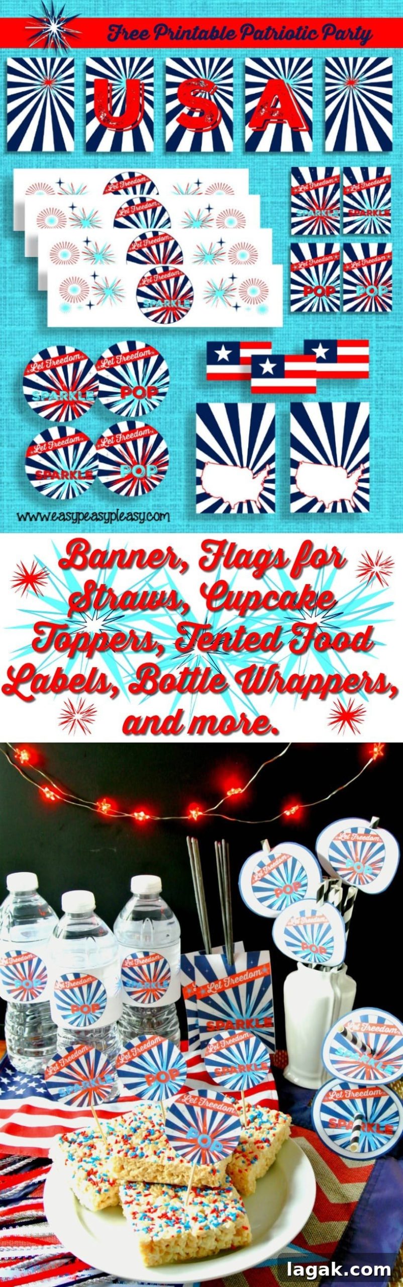 Free Printable Patriotic Party Pack including banner, Straw Flags, Treat Toppers, Bottle Wrappers, Sparkler Labels, and more!