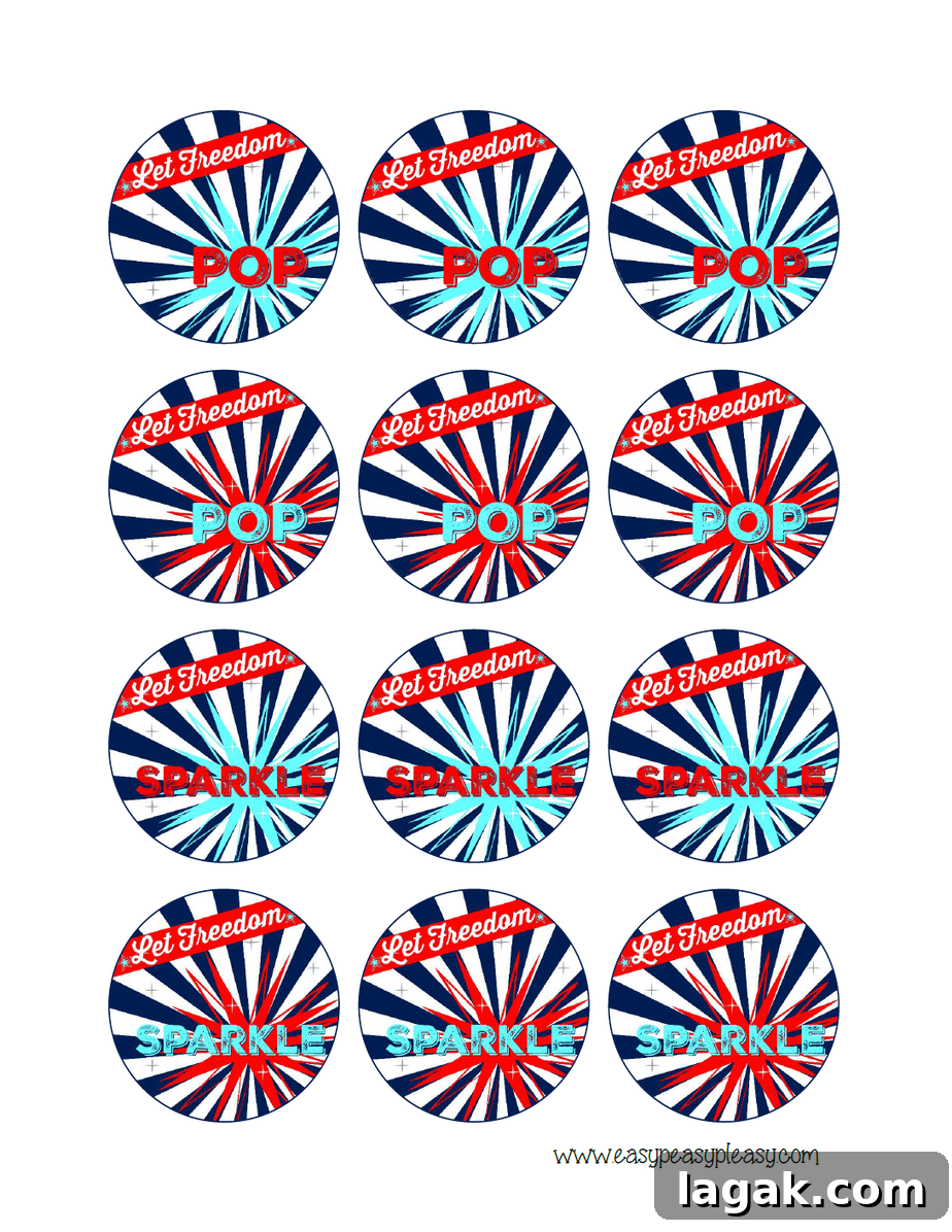 Free Printable Patriotic July 4th round label treat toppers.