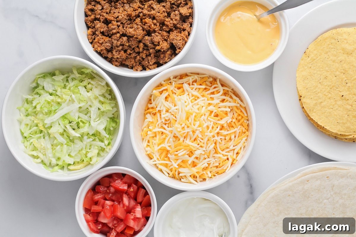 Ingredients for crunchwrap supreme on a kitchen counter.