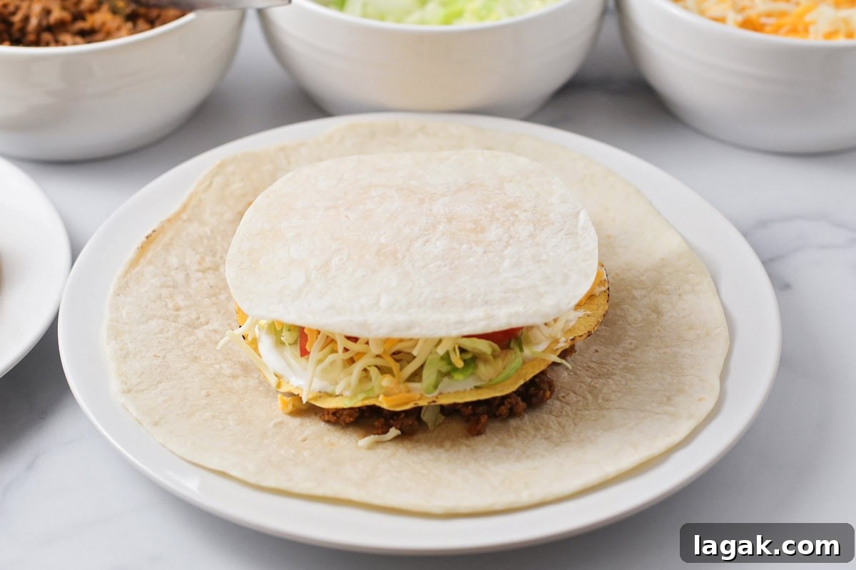 Process picture for how to make crunchwrap supreme.