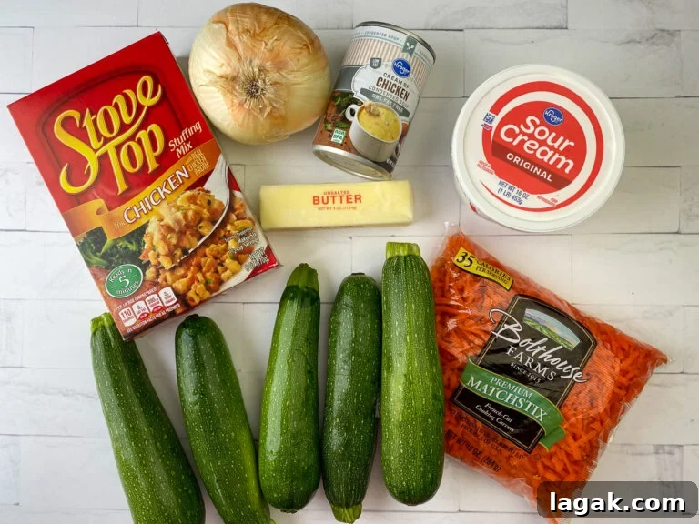 Stove Top stuffing mix chicken flavored, onion, cream of chicken condensed soup, butter, sour cream, matchstix carrots and fresh zucchini are easy ingredients for a zucchini casserole