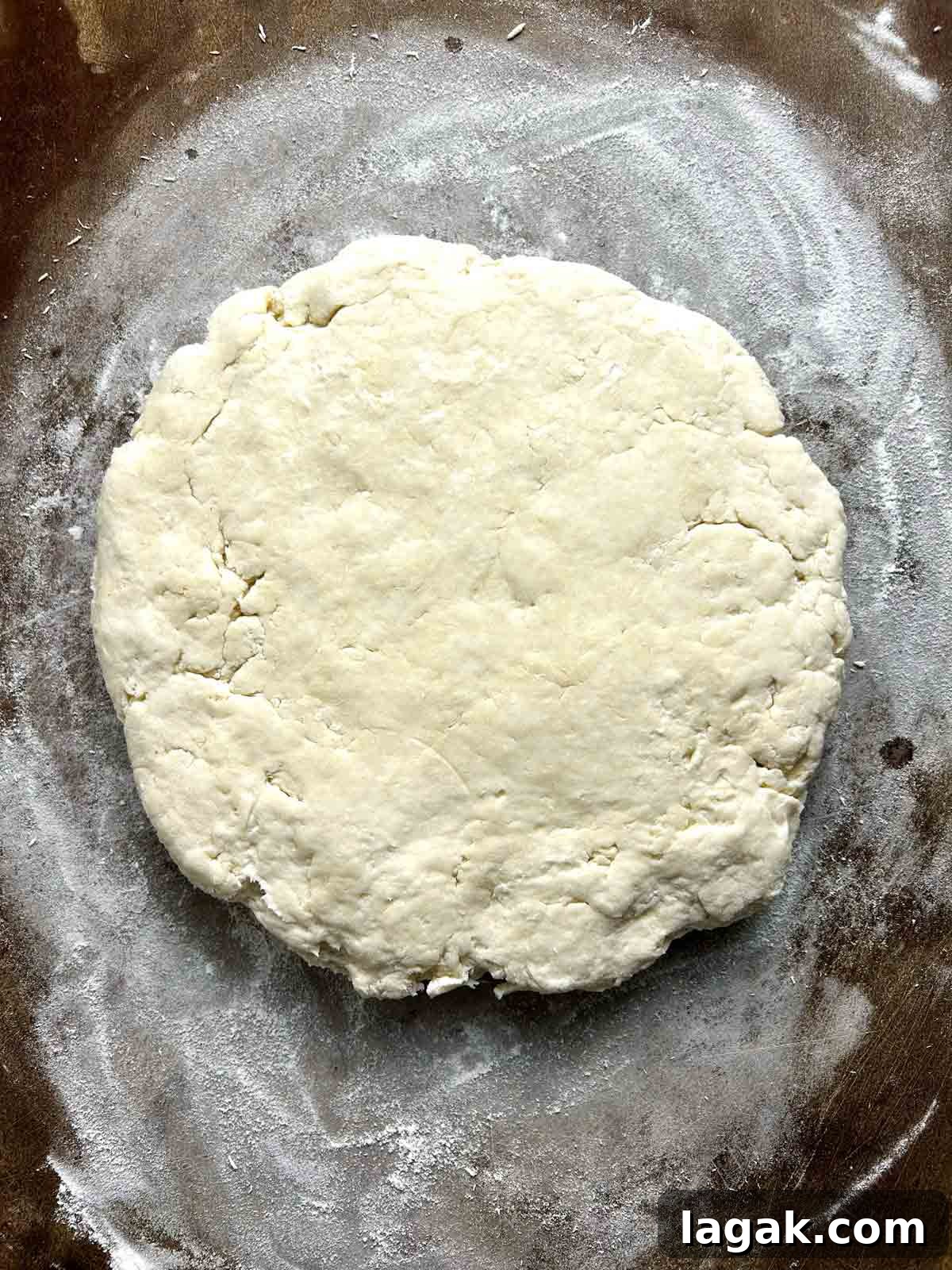dough pressed into disc on floured cutting board.