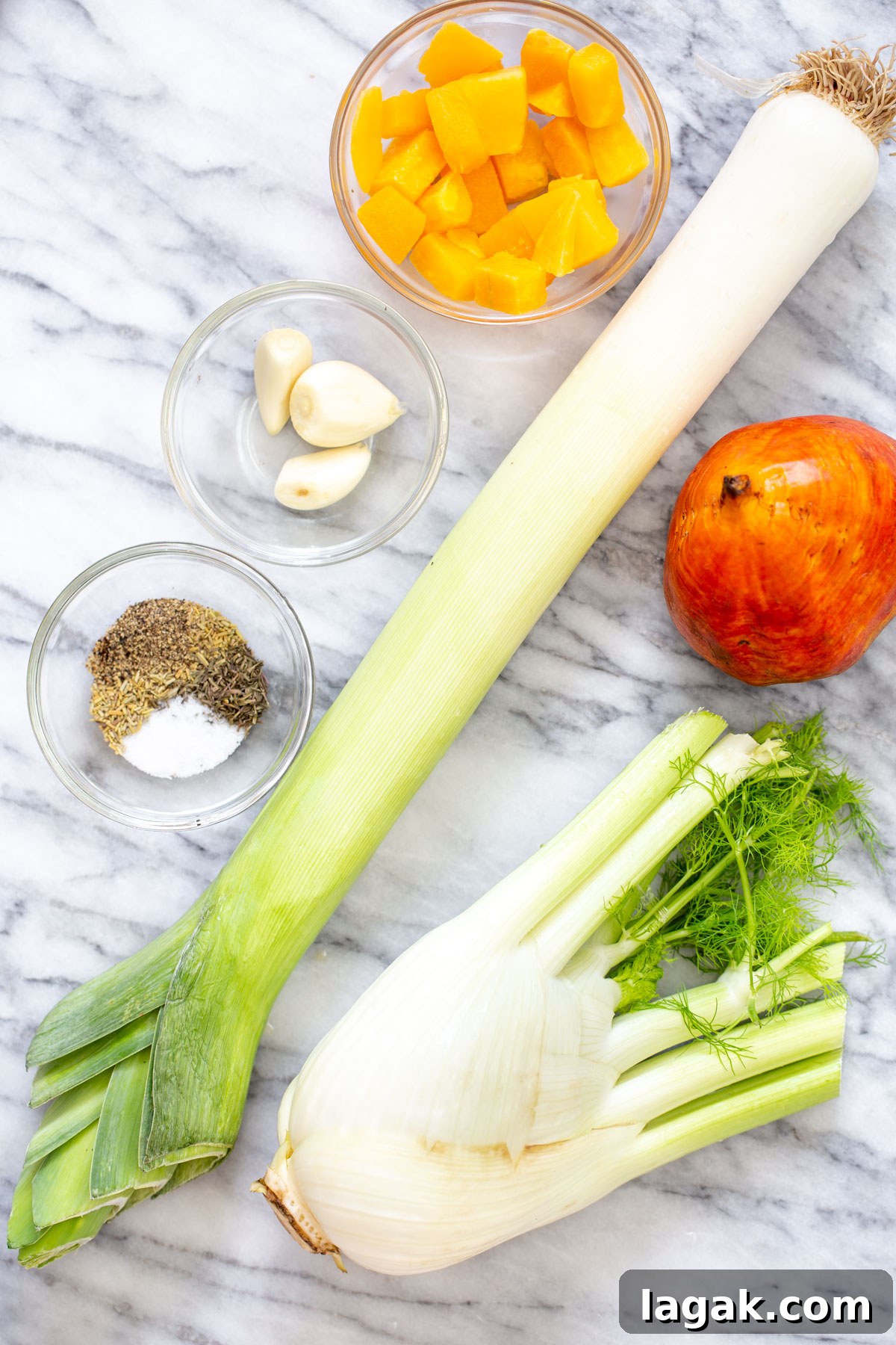 ingredients for roasted vegetables on a marble countertop