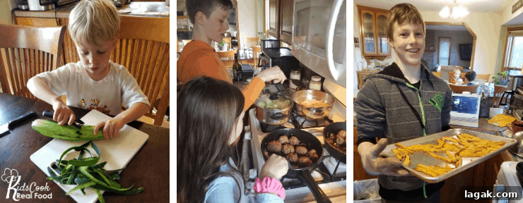 children in the kitchen peeling cucumbers working at the stove and baking sweet potatoes