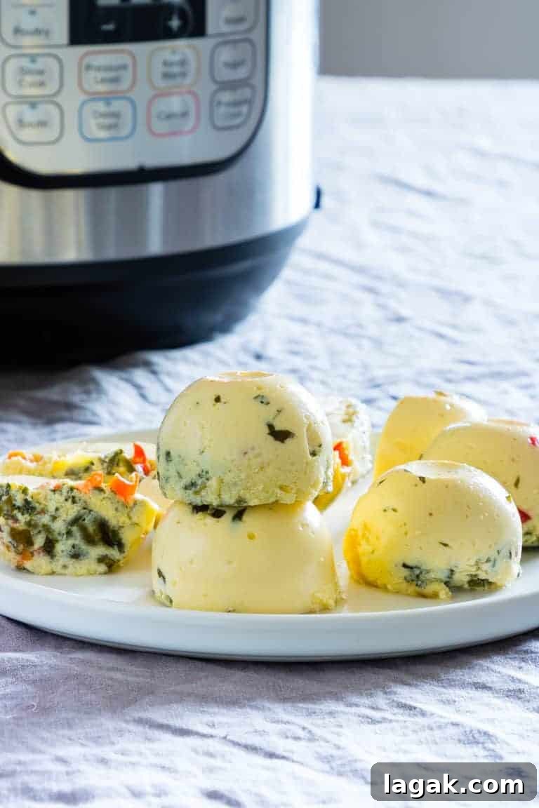 Finished Instant Pot Egg Bites served on a white plate in front of the Instant Pot