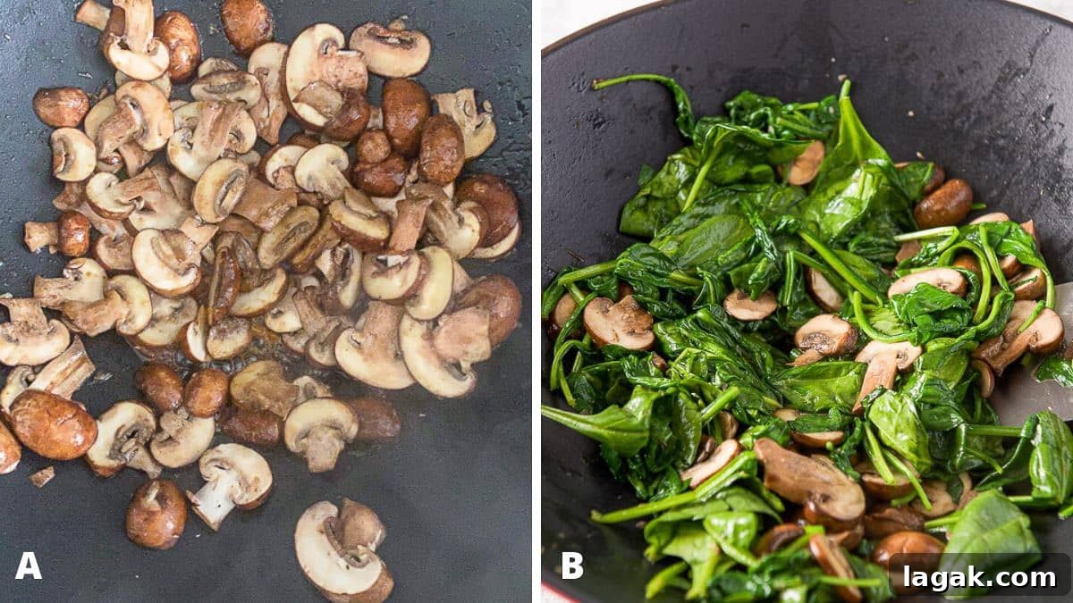 Mushrooms and spinach in the wok