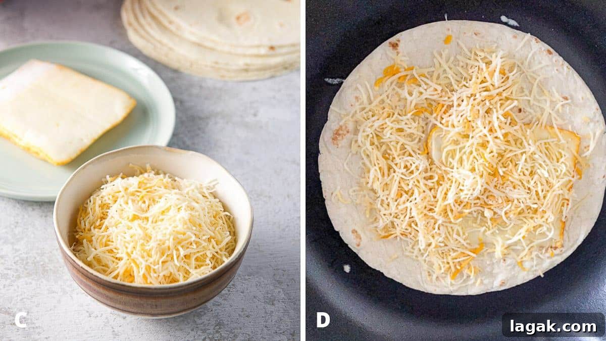 Cheese and tortillas together in the pan