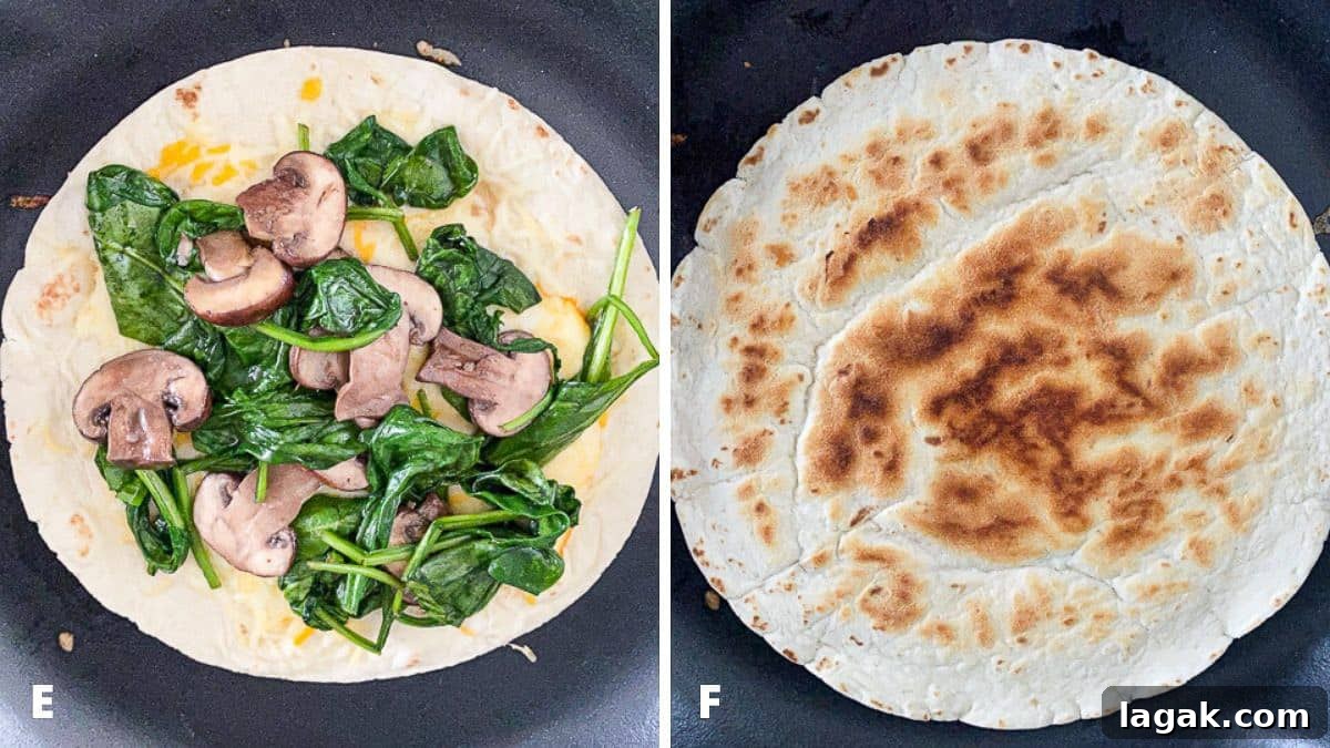 Tortilla with the cheese, veggie and other tortilla on top in the pan