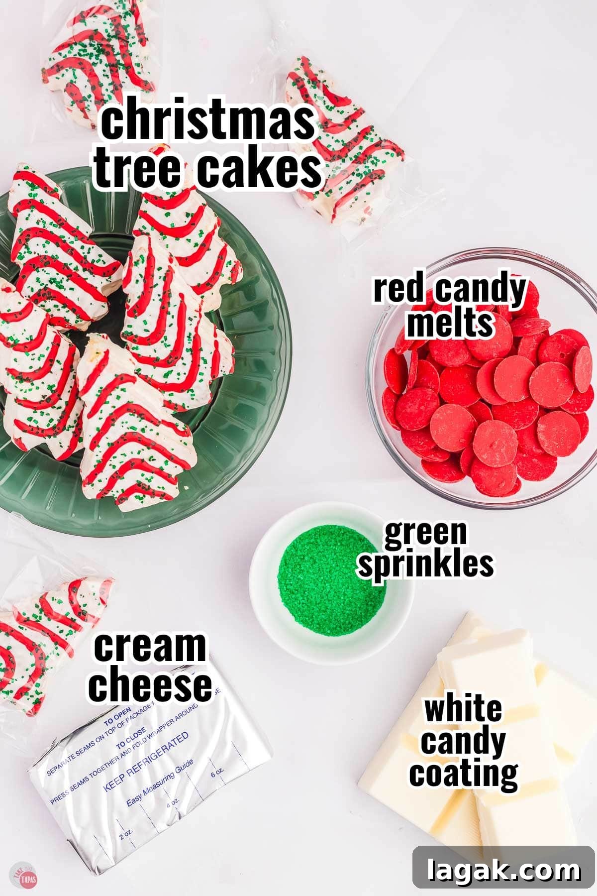 ingredients for cake balls in individual bowls with text overlay labeling them