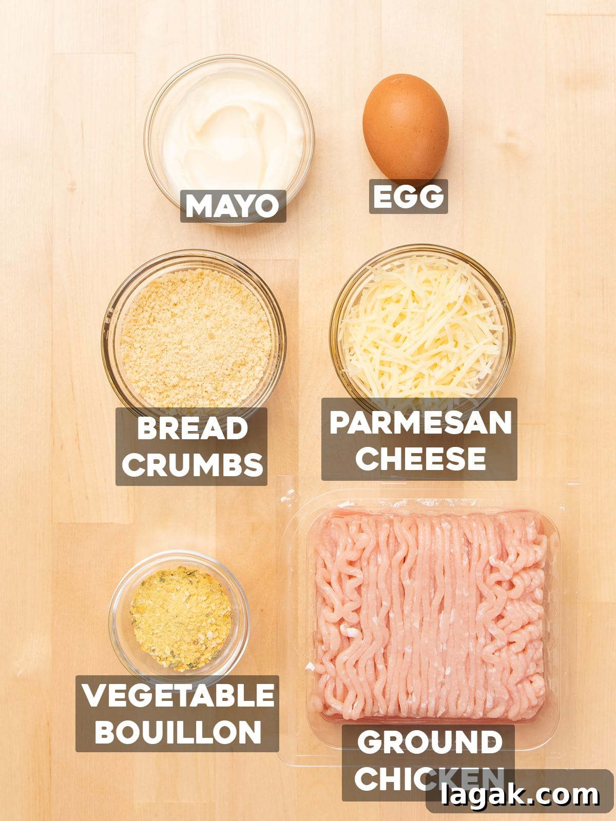 baked chicken meatballs ingredients in small bowls with words on top