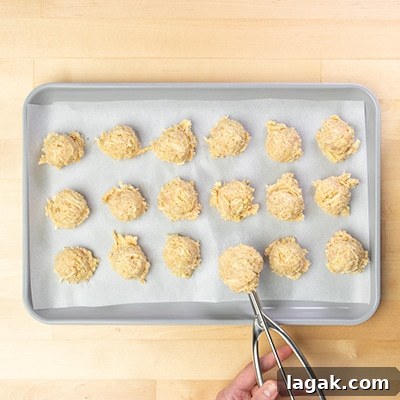 18 raw mounds of chicken meatball mixture with one in hand-held metal ice cream scoop