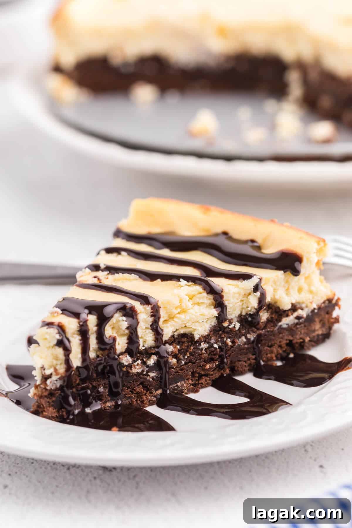 slice of brownie bottom cheesecake with chocolate drizzled on top