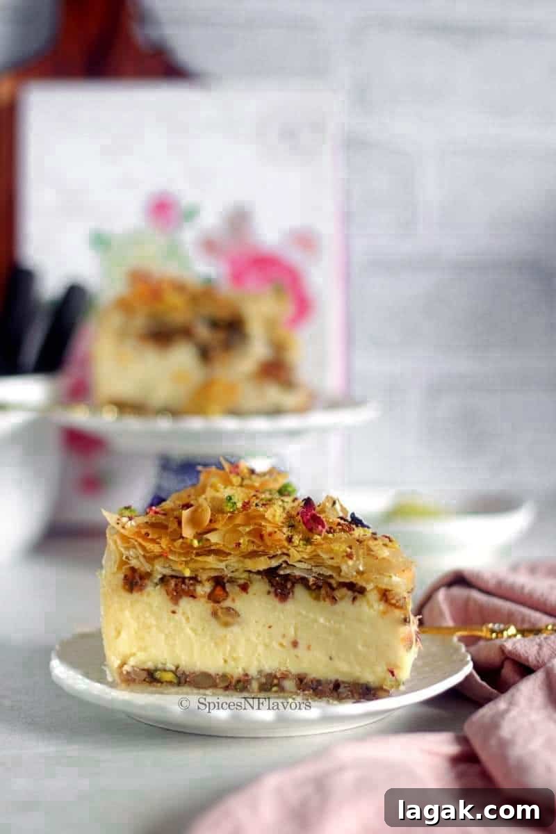 slice of baklava cheesecake placed on white plate