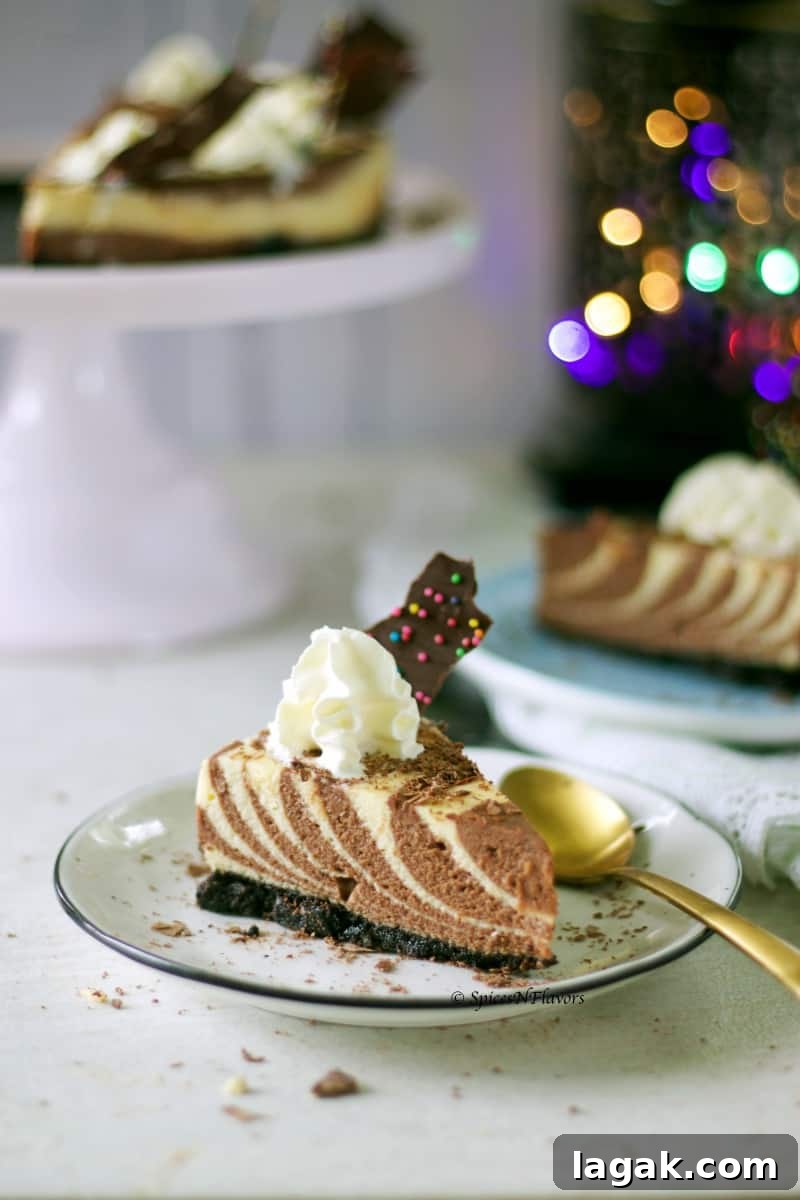 slice of marble cheesecake showing the zebra pattern