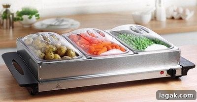 Electric food warmer with food.