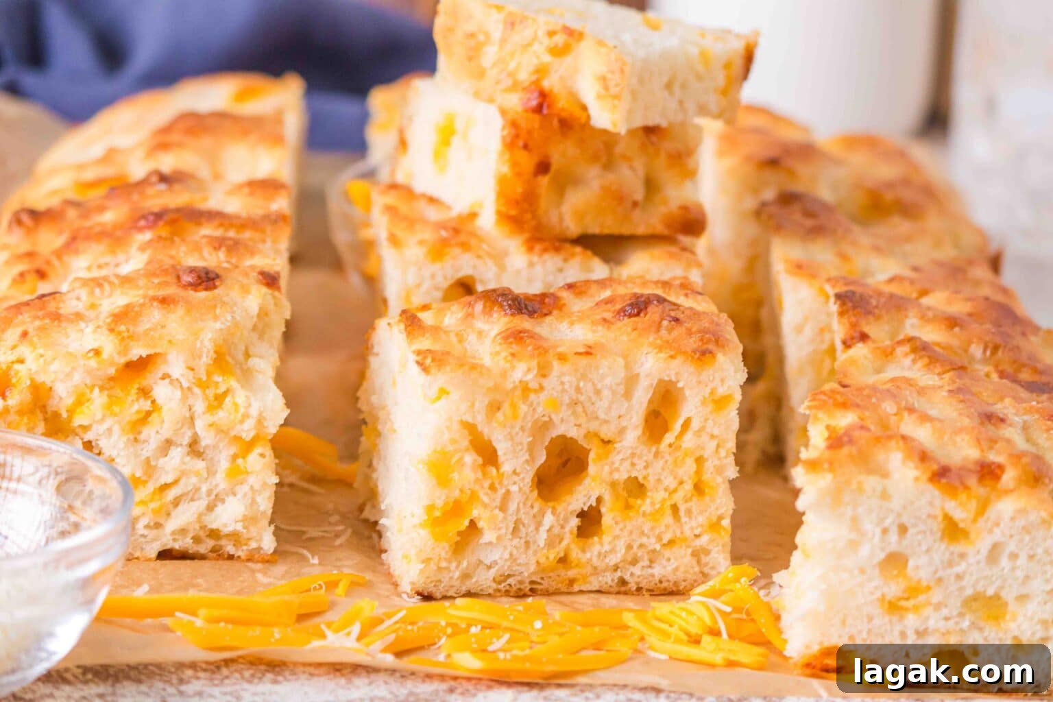 side view of pieces of cheese focaccia bread