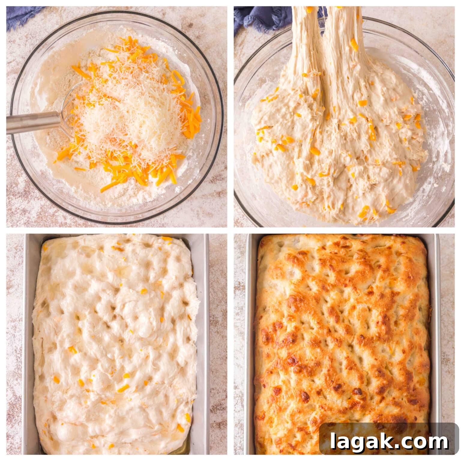collage showing step by step how to make homemade cheese focaccia